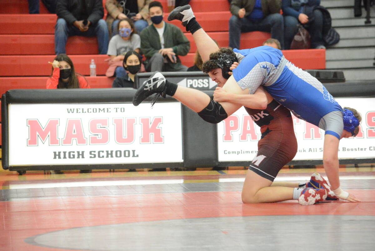 Evan DeLeo tangles with his Bunnell counterpart in the 182 weight class on his way to a victory via pin.
