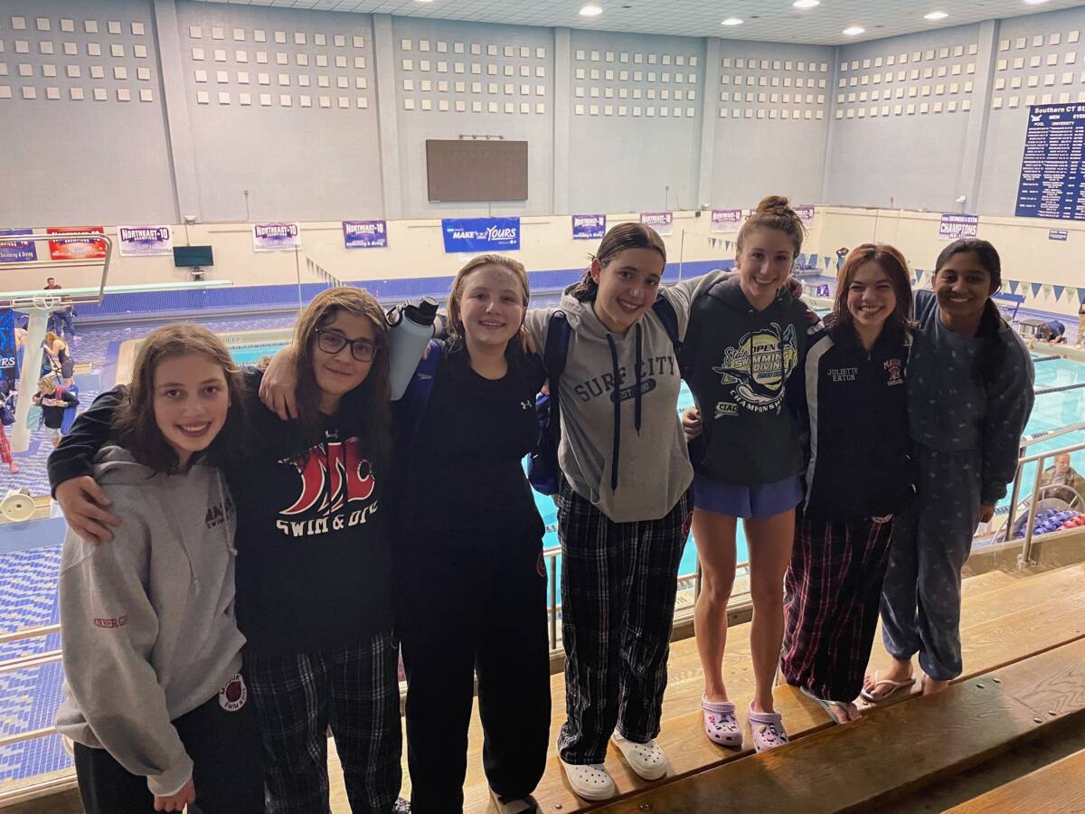 Masuk swimmers at state trials are: Abigail Kirberger, Emily Hull, Tierney McGunnigle, Skye Eannotti, Eva Helmke, Juliette Eaton and Yara Shaik. Not pictured: Lucia Morales.