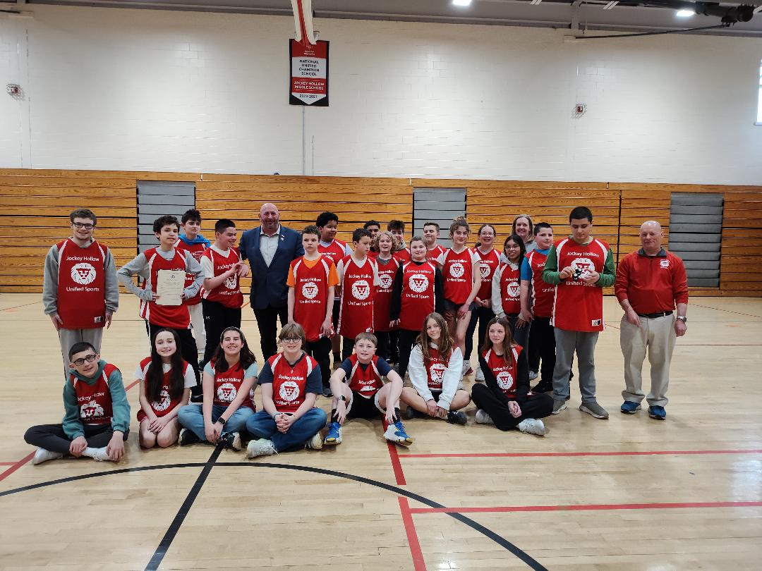 First Selectman Terry Rooney presents a proclamation for Jockey Hollow Unified Sports Day.