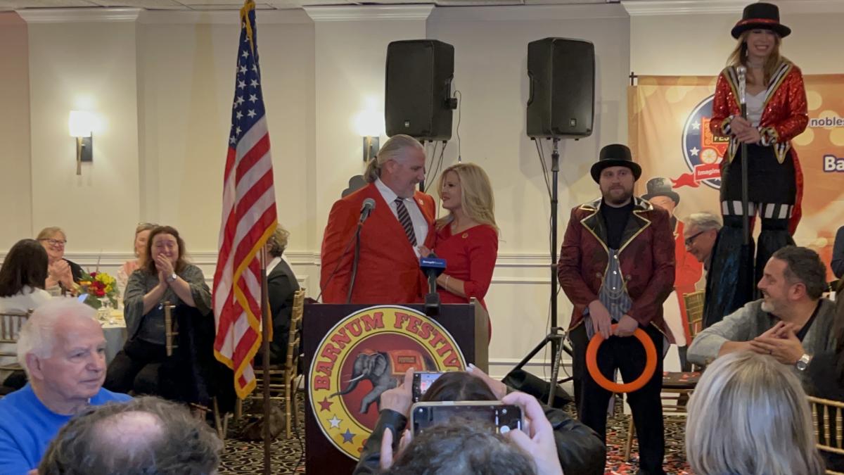 Barnum Festival Ringmaster Greg Gnandt and his wife, Peggi.