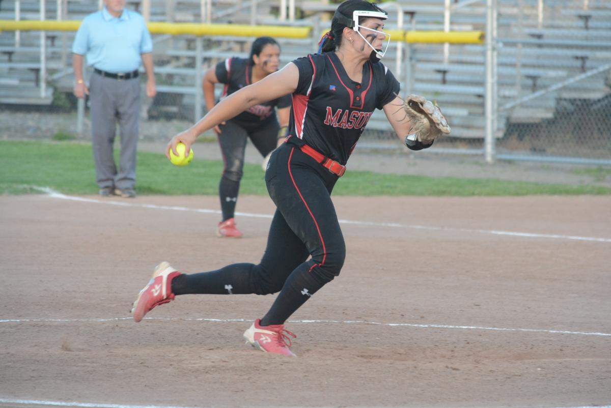 Pitcher Julia Bacoulis has 500 strikeouts in her career.